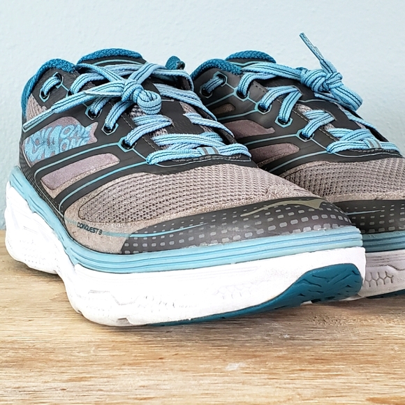 HOKA ONE ONE Women's Conquest 3 Running Shoes (11) Gray, Blue, White - Picture 2 of 7
